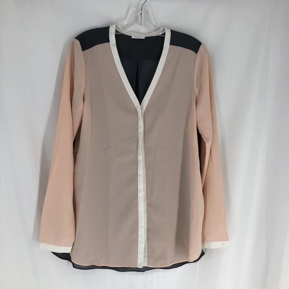 DKNY Womens Blouse Button-Down Shirt Long Sleeve Colorblocked Pink Gray Large